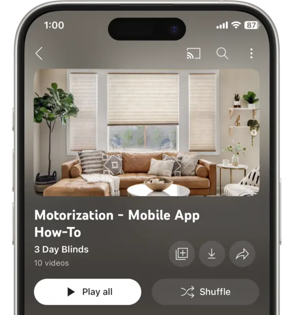 3-day-blinds-motorized-shades-mobile-app-how-to 3 Day Blinds mobile app showing motorized shades how-to video playlist on a smartphone screen.