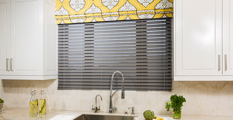 Grey Faux Wood Blinds in Kitchen